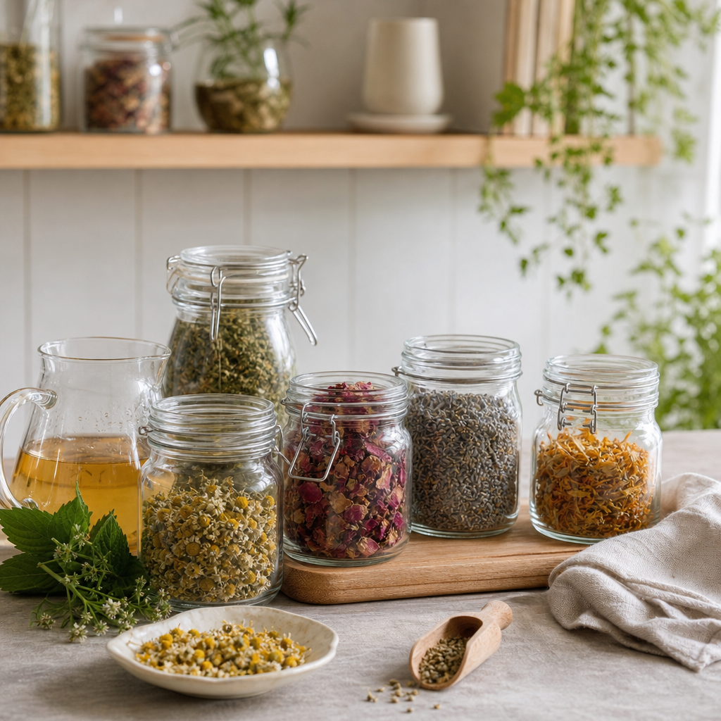 Cómo Construir Tu Despensa de Infusiones para Todo el Verano infusiones para el verano refrescantes y coloridas en una mesa