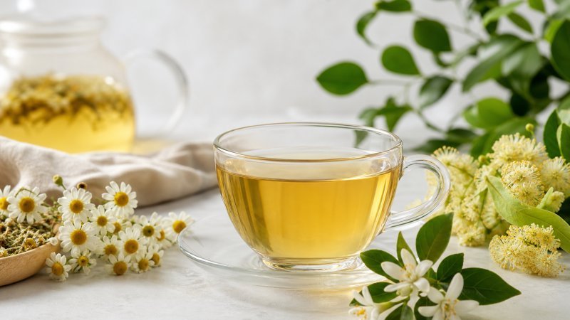 Tés florales de manzanilla, tila y azahar servidos en taza de cristal