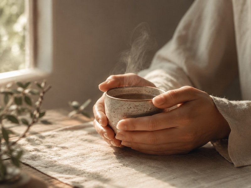 Hands holding a warm ceramic tea cup in soft morning light