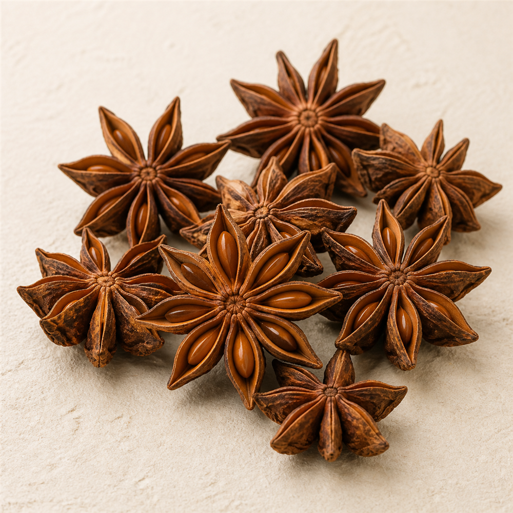 Anís Estrellado: Fruto en forma de estrella del árbol Illicium verum, de sabor dulce y anisado muy aromático.