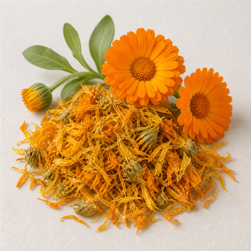 Calendula: Petalos dorados de propiedades antiinflamatorias y antioxidantes excepcionales.