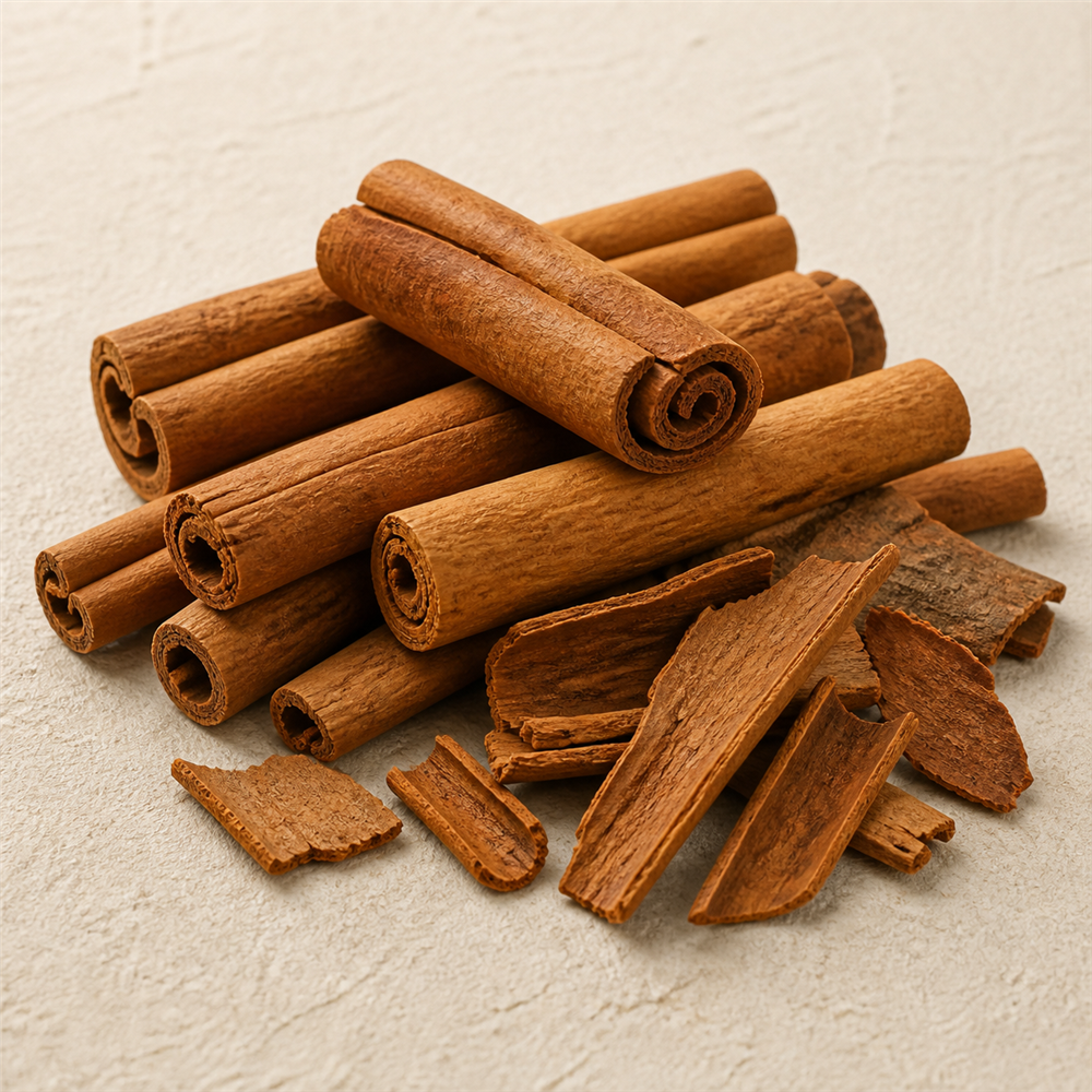 Canela: Corteza interna seca de árboles del género Cinnamomum, enrollada en finas tiras o molida.