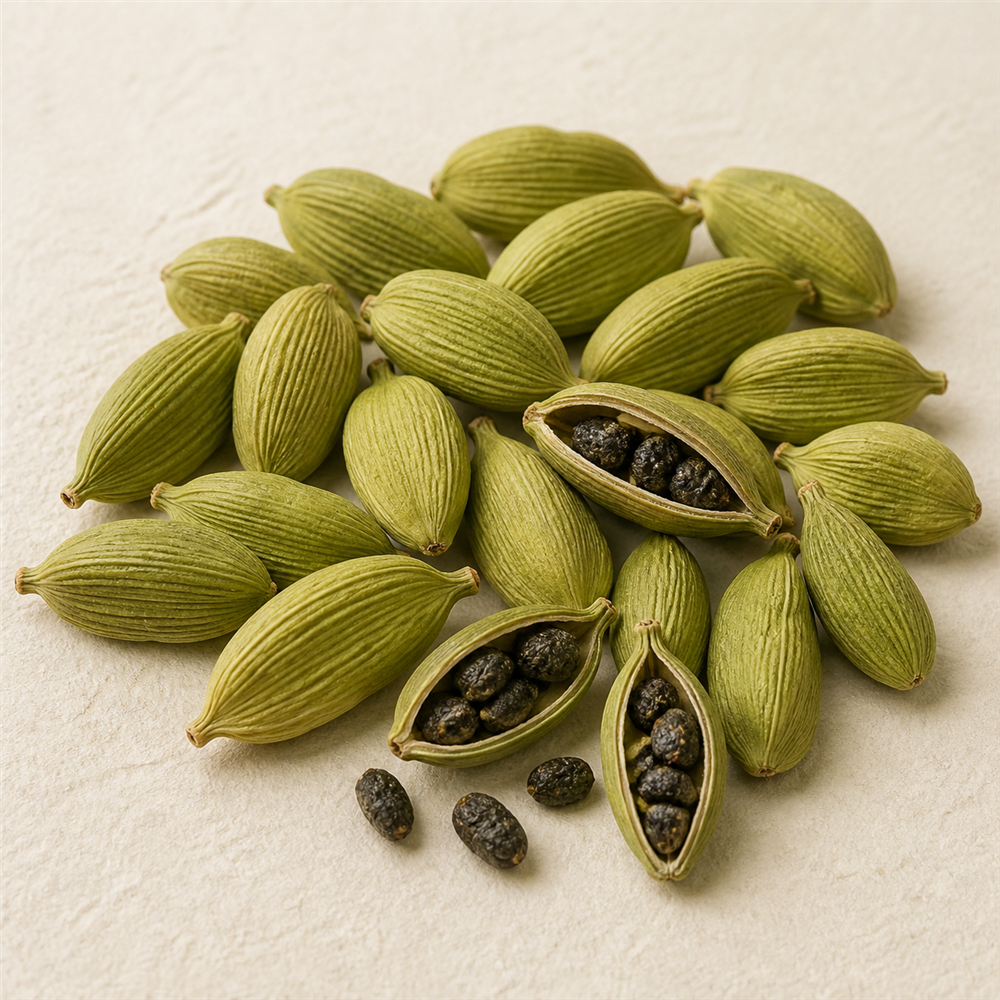 Cardamomo: Pequeñas vainas verdes con semillas de aroma intenso, entre cítrico, herbal y ligeramente mentolado.