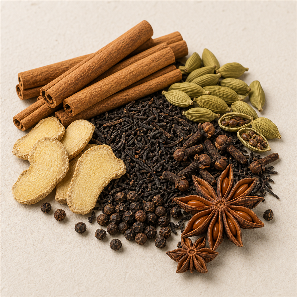 Especias Chai: Mezcla tradicional india de especias —canela, cardamomo, jengibre, clavo y pimienta— que aporta calidez, cuerpo y el aroma envolvente...