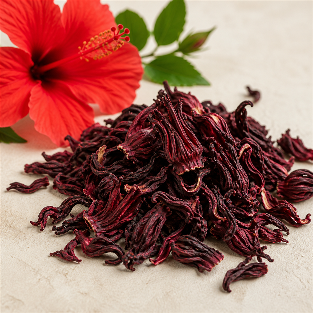 Hibisco: Pétalos secos de Hibiscus sabdariffa que producen una infusión de color rojo rubí intenso y sabor ácido similar al de los frutos rojos.