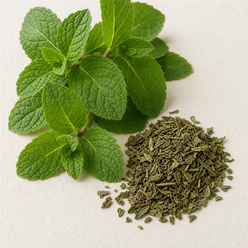 Hierbabuena: Hojas de Mentha spicata, más suave y dulce que la menta piperita por su bajo contenido en mentol y su riqueza en carvona.