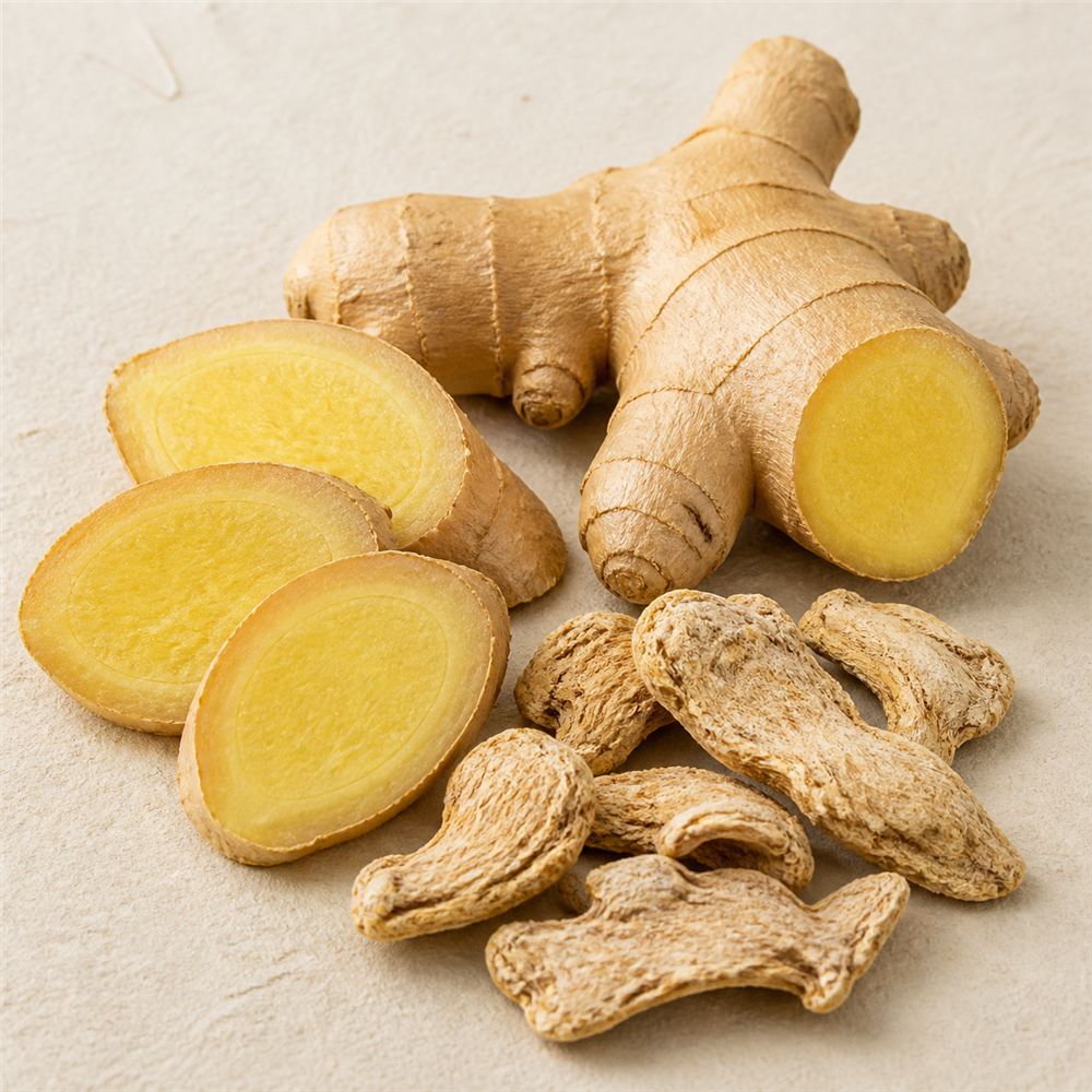 Jengibre: Rizoma de Zingiber officinale, seco y troceado, que aporta un calor picante y una frescura cítrica muy característicos.