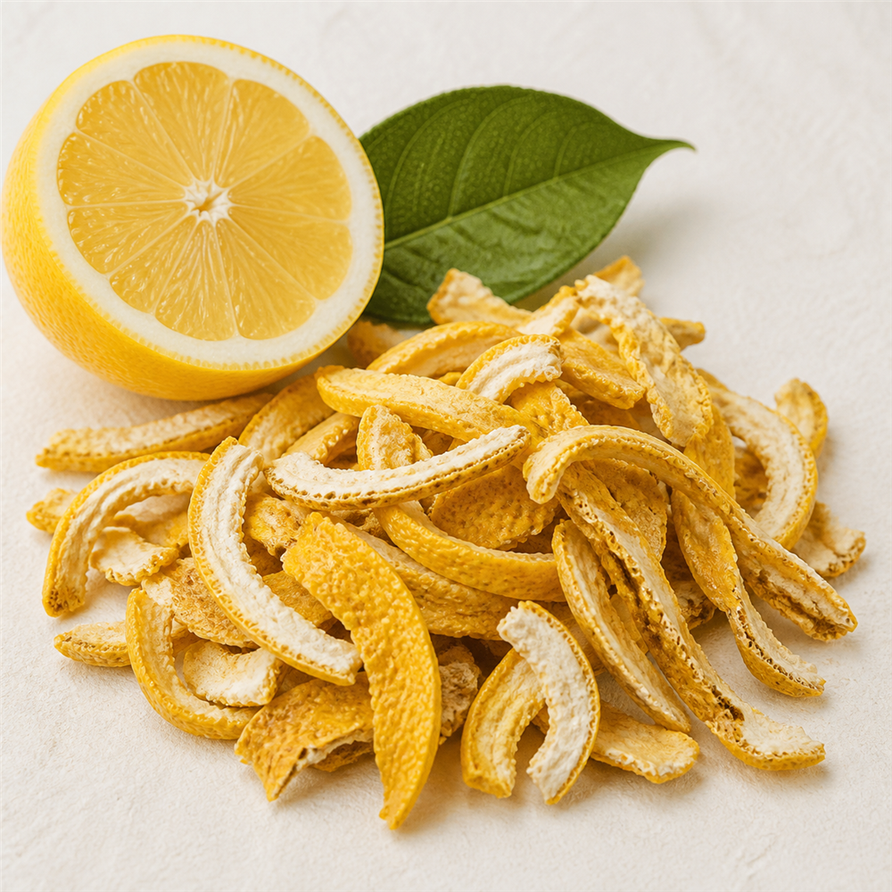 Limón: Cáscara seca de limón (Citrus limon), de aroma fresco y sabor vivo y ligeramente ácido.