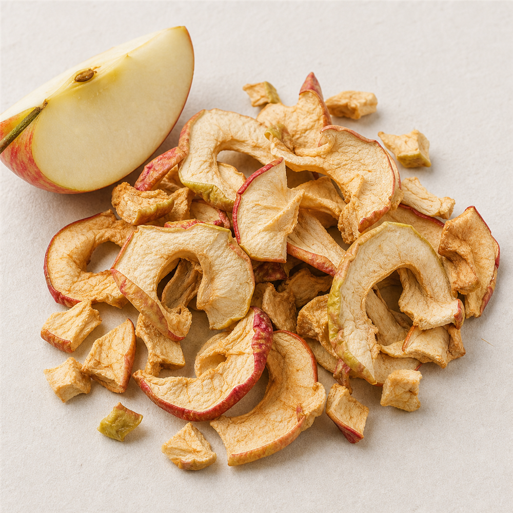 Manzana: Trozos de manzana deshidratada que aportan un dulzor afrutado y jugoso.
