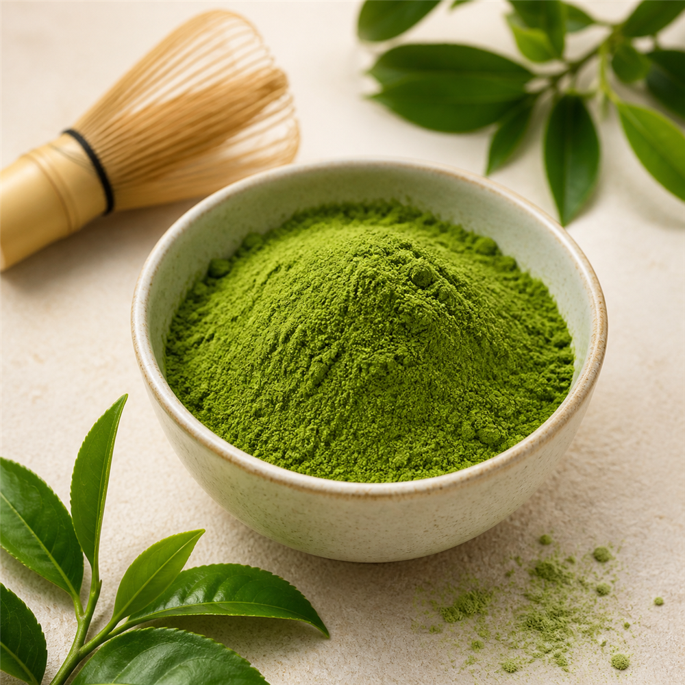 Matcha: Hoja de té verde japonés cultivada en sombra y pulverizada en piedra de granito hasta obtener un polvo fino color verde intenso.