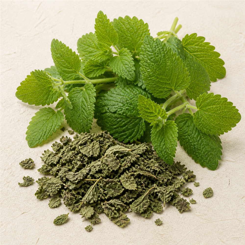 Melisa (Toronjil): Hojas de Melissa officinalis, de la familia de la menta, con un suave aroma cítrico a limón.