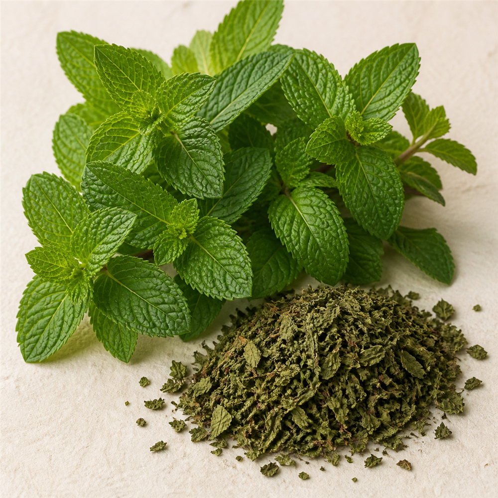 Menta Piperita: Hojas de Mentha × piperita, híbrido natural rico en mentol.