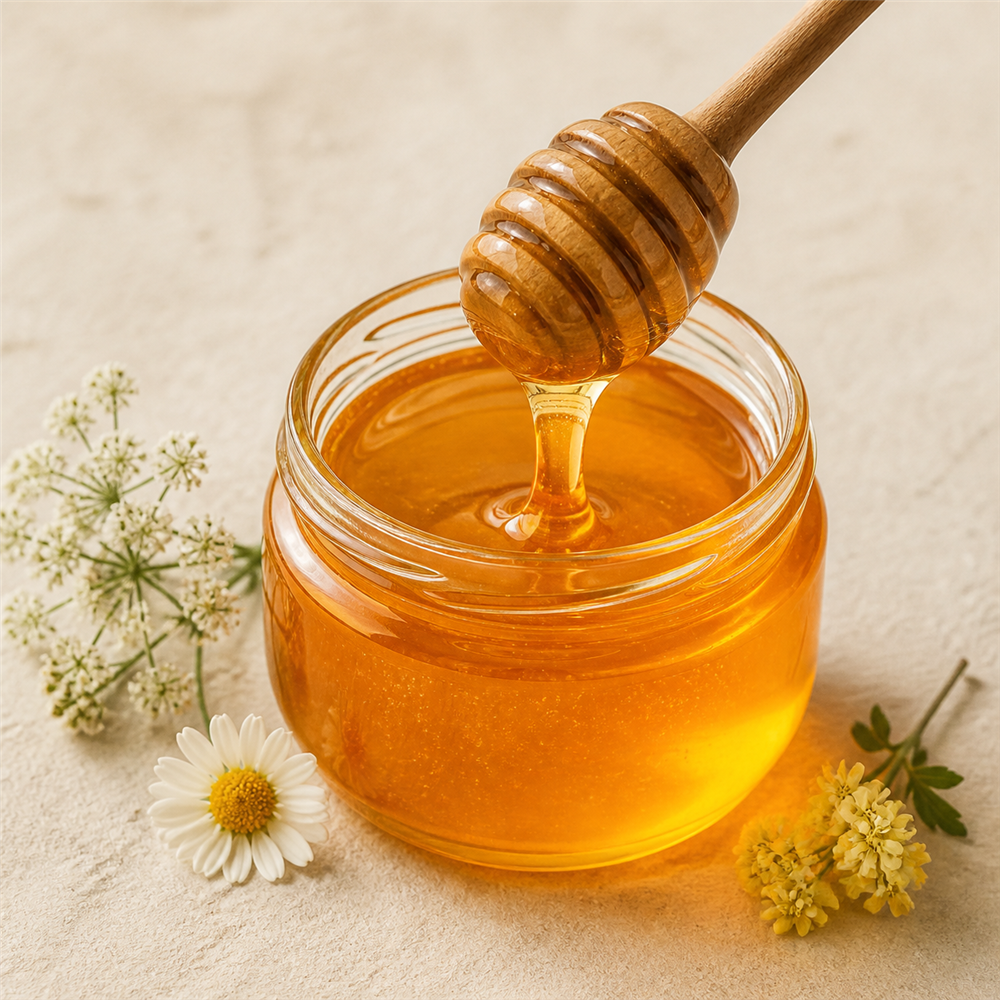 Miel: Néctar dorado elaborado por las abejas a partir del néctar de las flores.