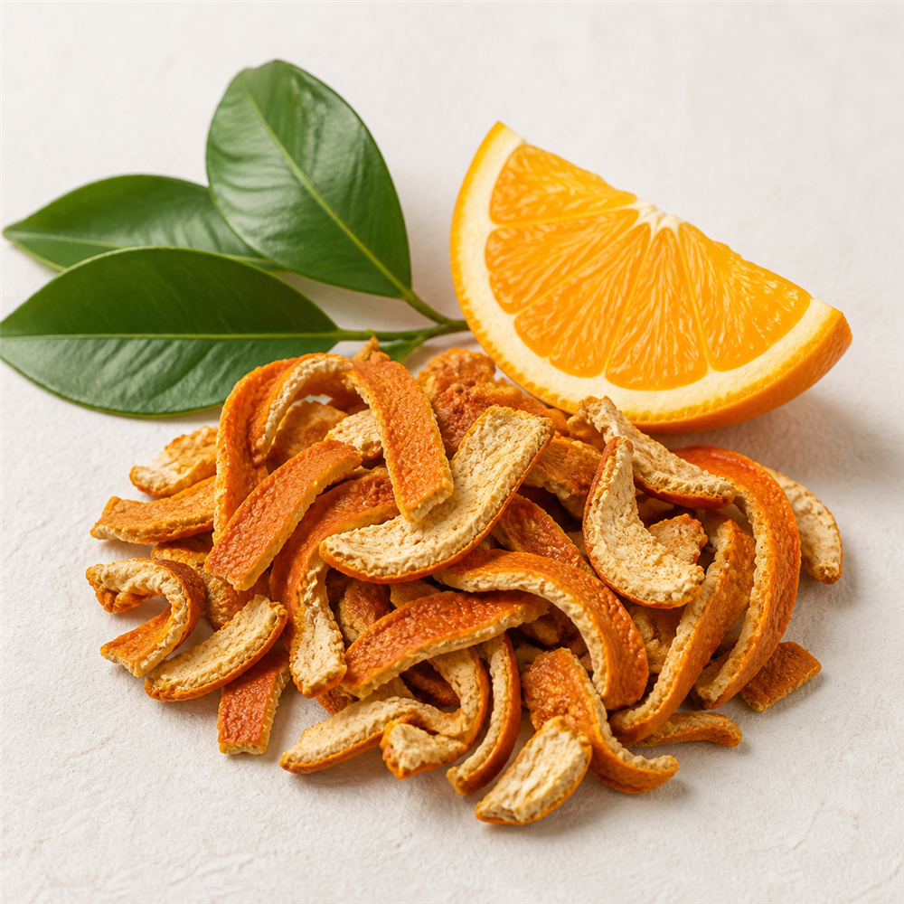 Naranja: Cáscara seca de naranja dulce (Citrus sinensis), rica en aceites esenciales y vitamina C.