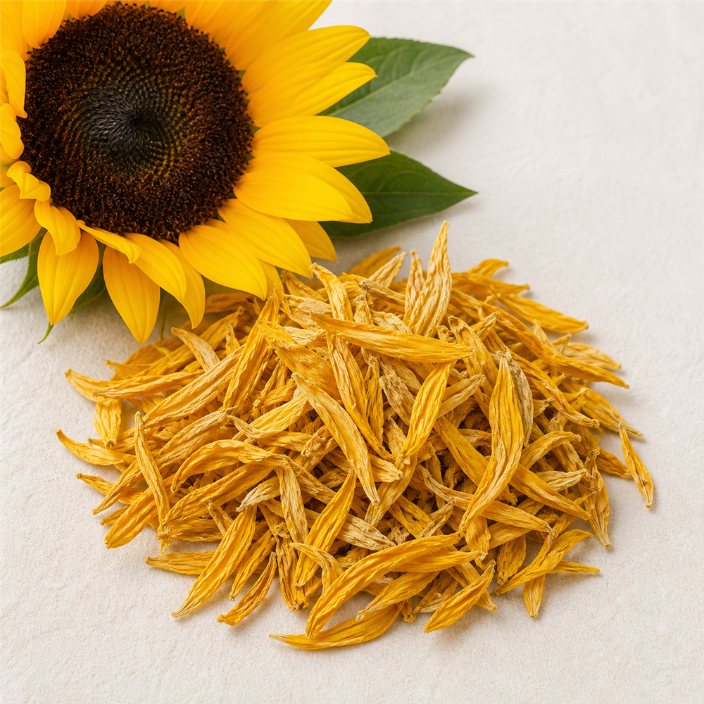 Petalos de Girasol: Los petalos amarillos del girasol aportan un toque solar y decorativo a las mezclas florales, con suaves propiedades antioxidantes.