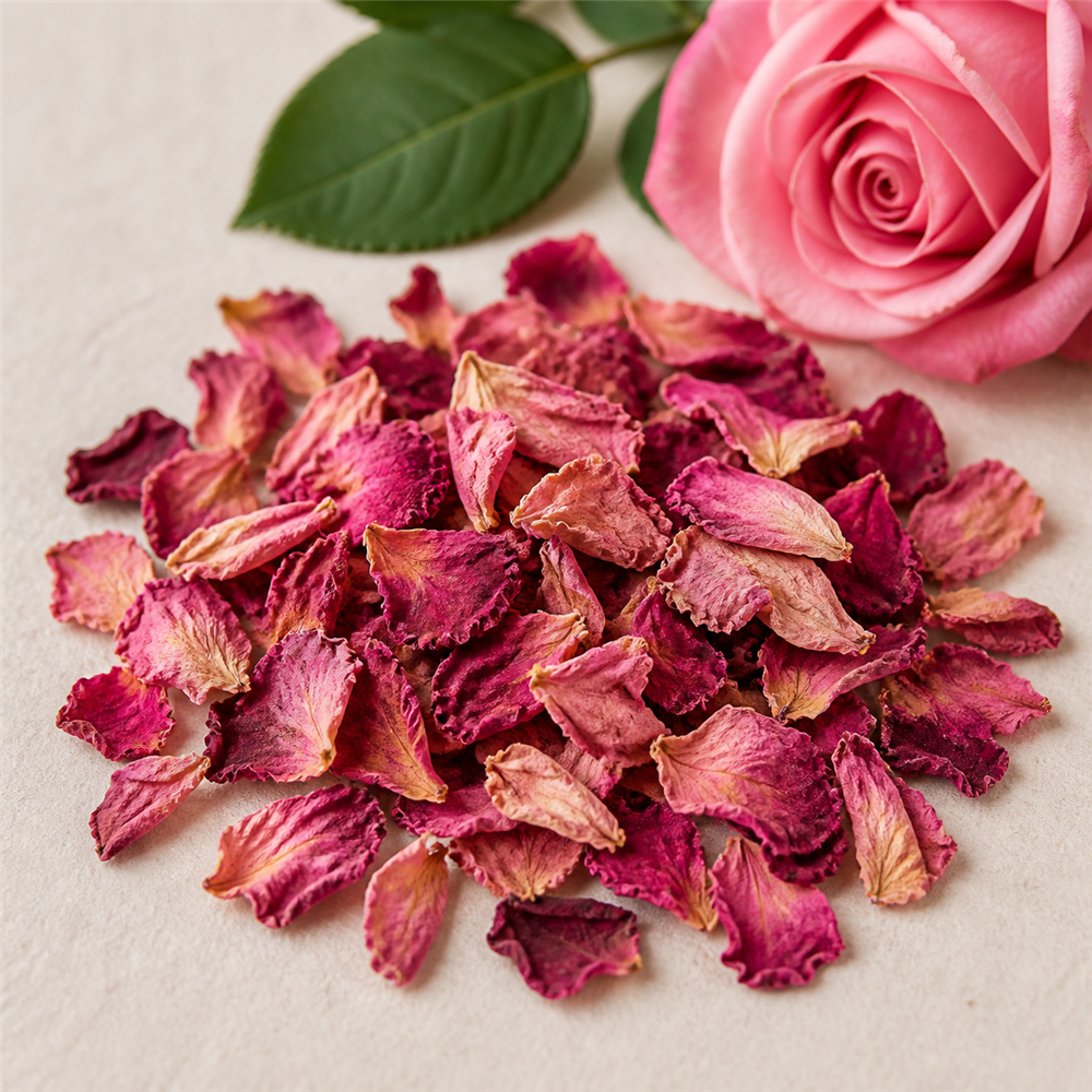 Pétalos de Rosa: Pétalos secos de rosas aromáticas que aportan un perfume floral suave y elegante junto con un ligero toque dulce.