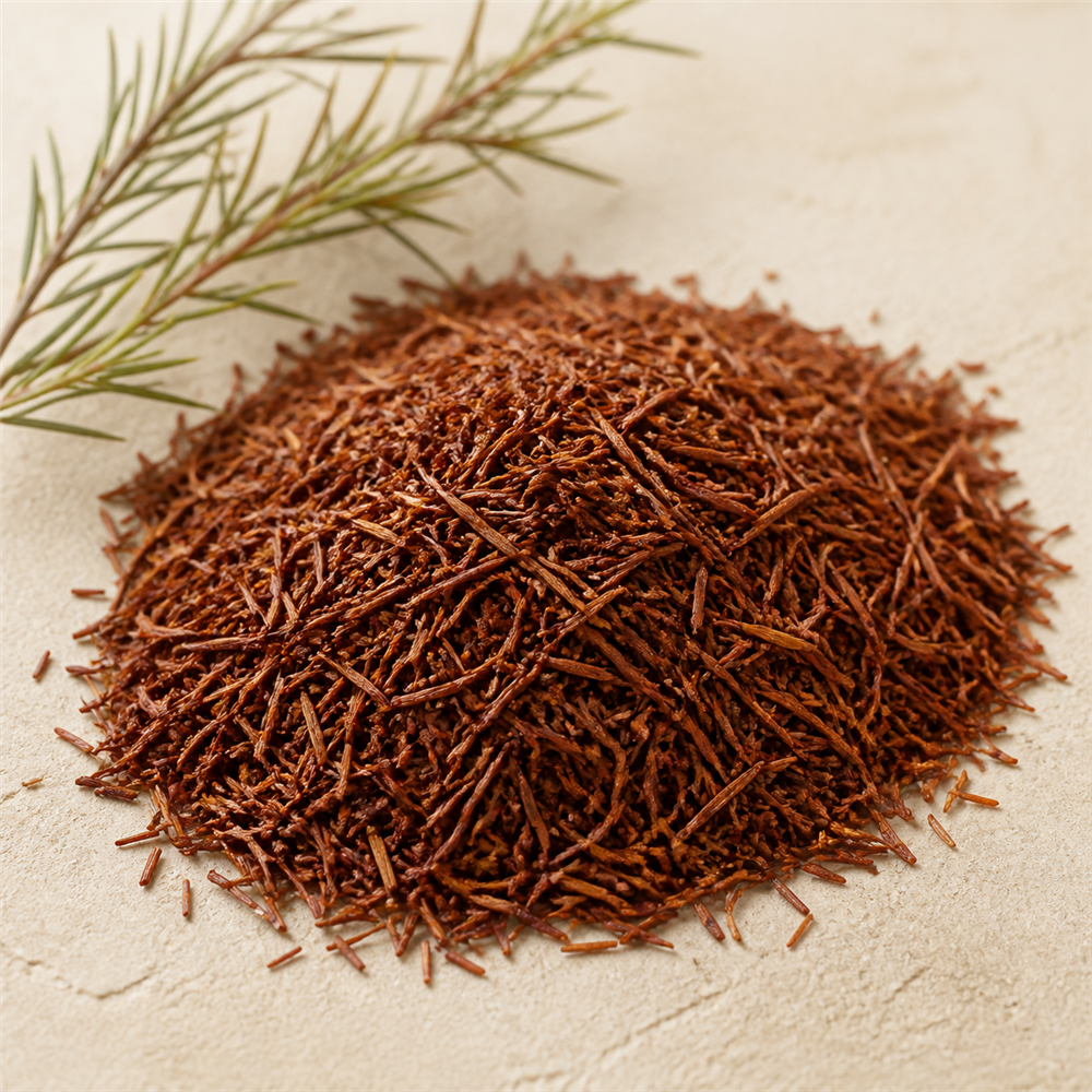 Rooibos: Arbusto sudafricano (Aspalathus linearis) cuyas hojas fermentadas se infusionan en un té rojizo, naturalmente libre de cafeína.