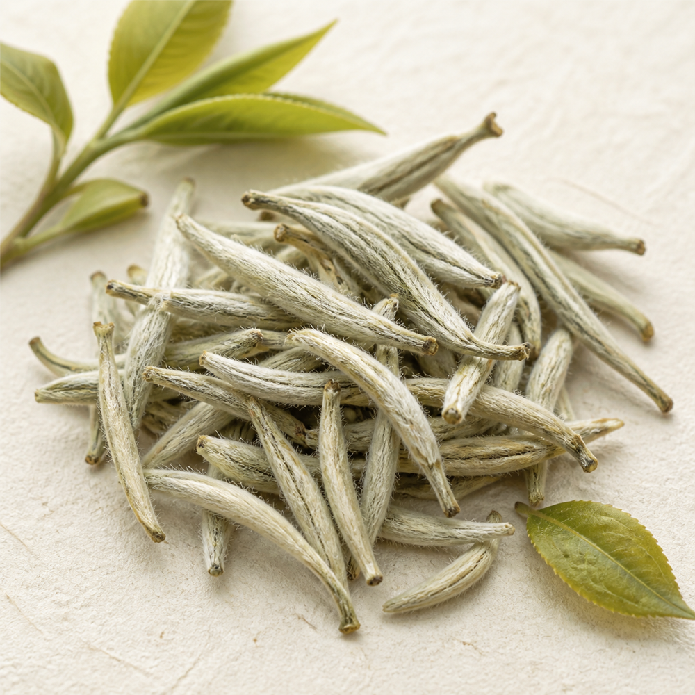 Té Blanco (Silver Bud): El té menos procesado: solo brotes y hojas jóvenes cubiertos de una fina pelusa plateada, secados con una oxidación mínima.