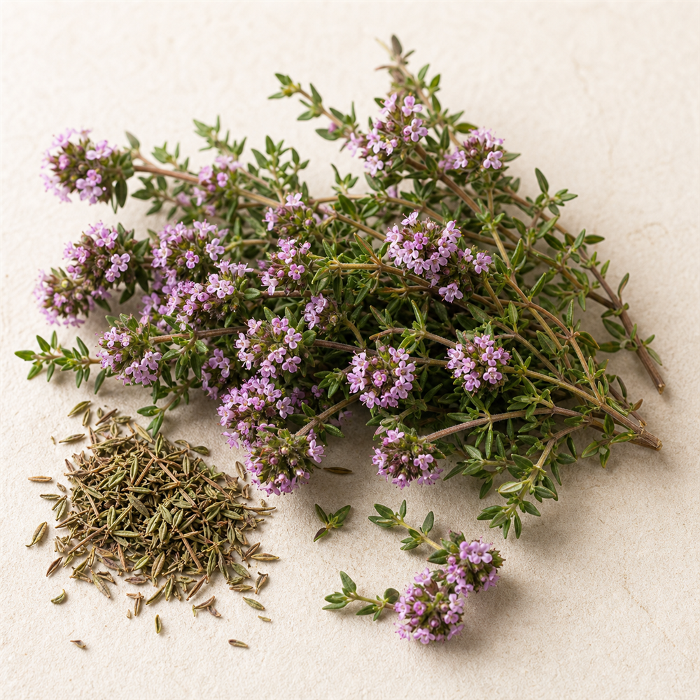 Tomillo en Flor: El tomillo en plena floracion concentra sus aceites esenciales.