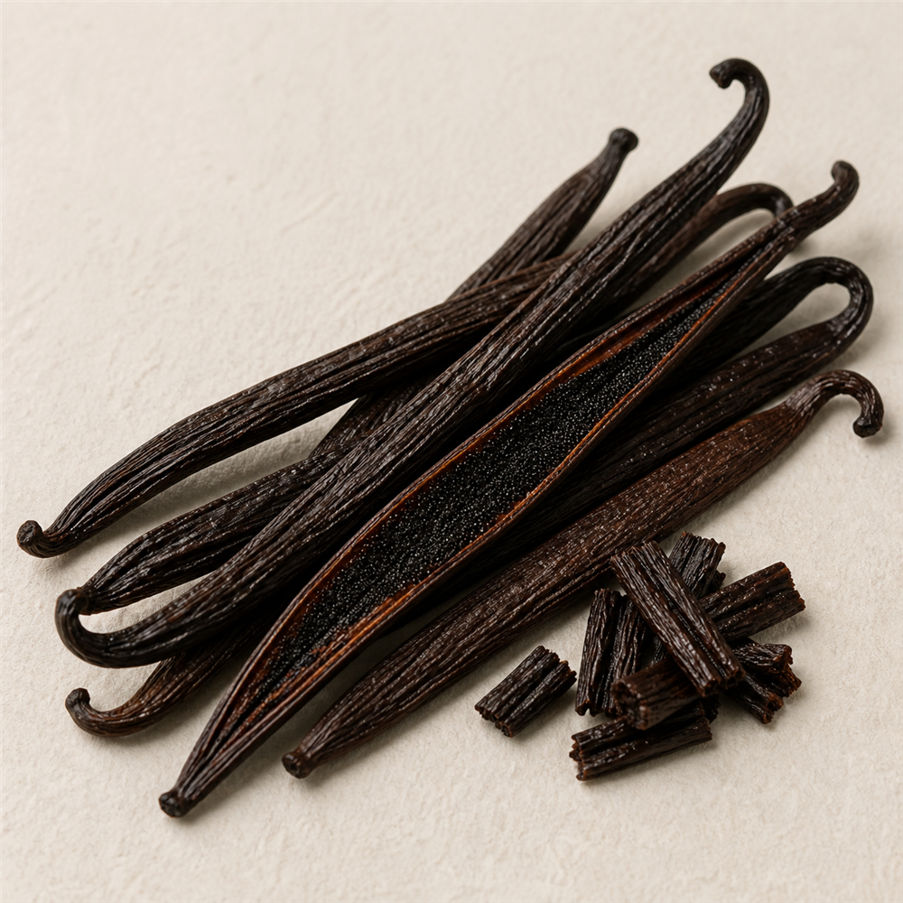 Vainilla: Vainas curadas de la orquídea Vanilla planifolia, que liberan un aroma dulce, cremoso y reconfortante.